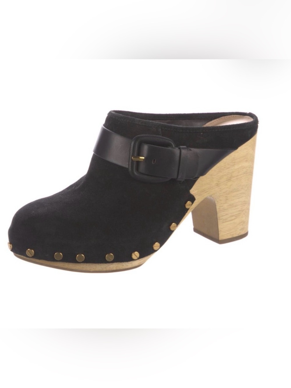 Veronica Beard Black Suede Studded Clog Mule with Wood Heel